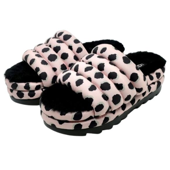 UGG~Maxi Slide~PINK CHEETAH PRINT BLACK SHEARLING SANDAL SHOES SZ 8 NWT - Picture 1 of 6
